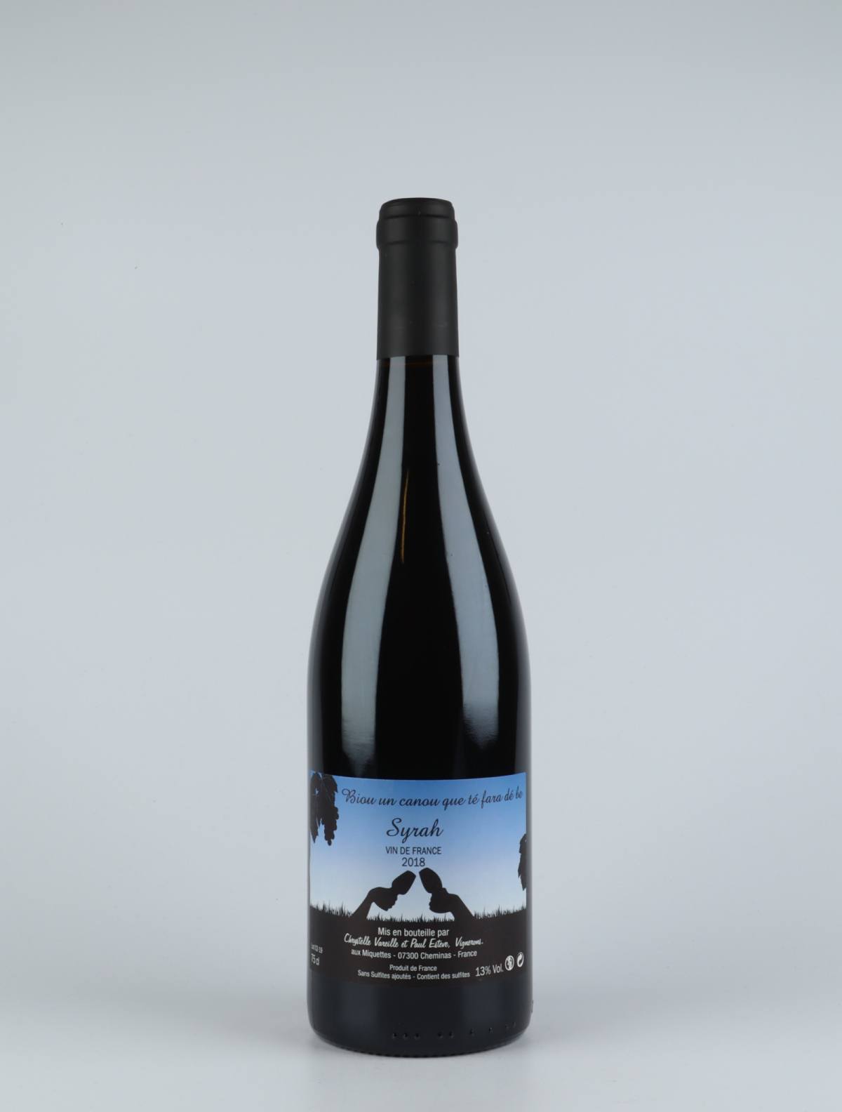 A bottle 2018 Syrah Rødvin from Domaine des Miquettes, Rhône in Frankrig