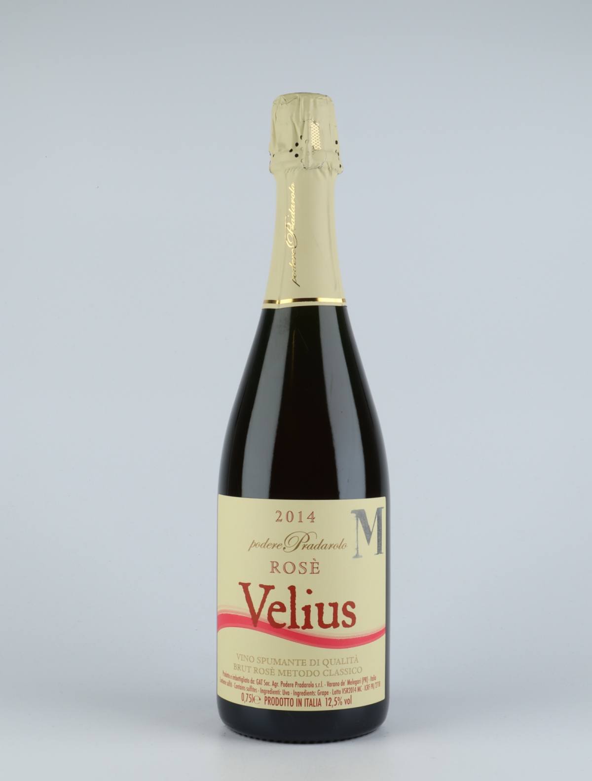 A bottle 2014 Velius Rosé Metodo Classico Sparkling from Podere Pradarolo, Emilia-Romagna in Italy