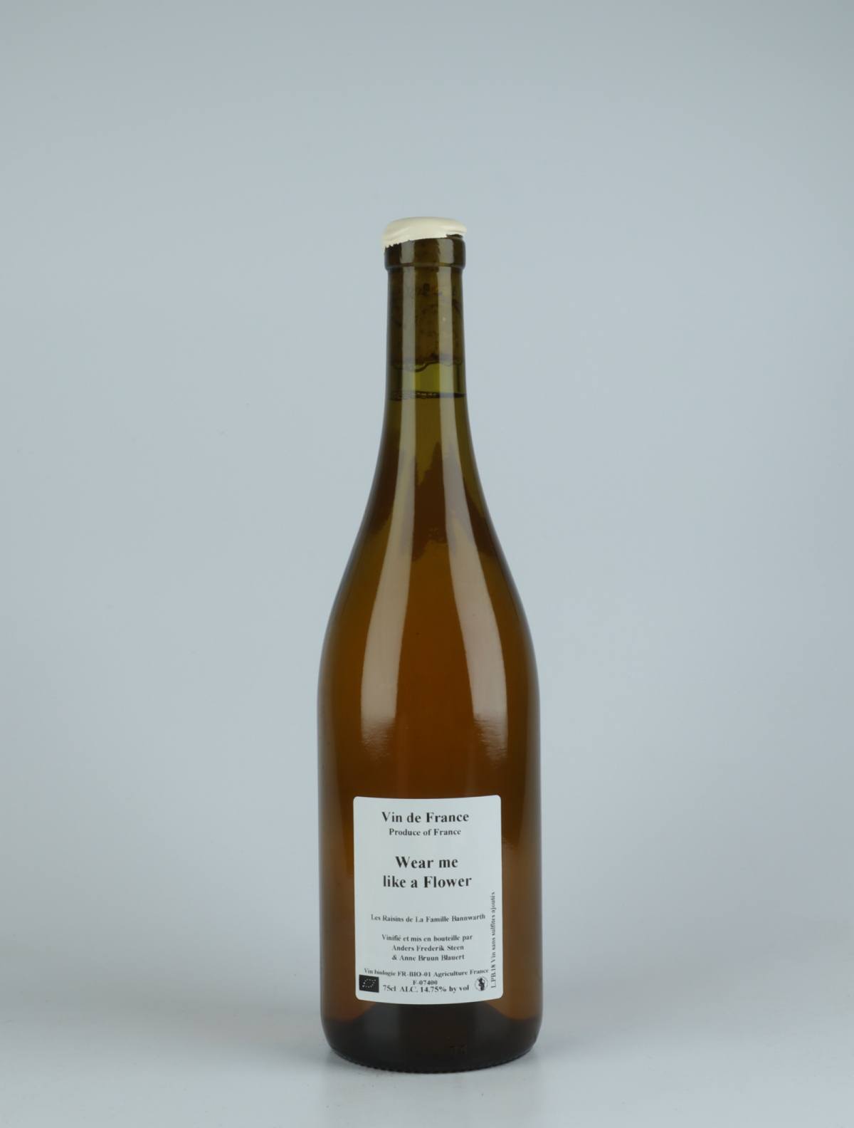 A bottle 2018 Wear me like a flower White wine from Anders Frederik Steen &amp; Anne Bruun Blauert, Ardèche in France