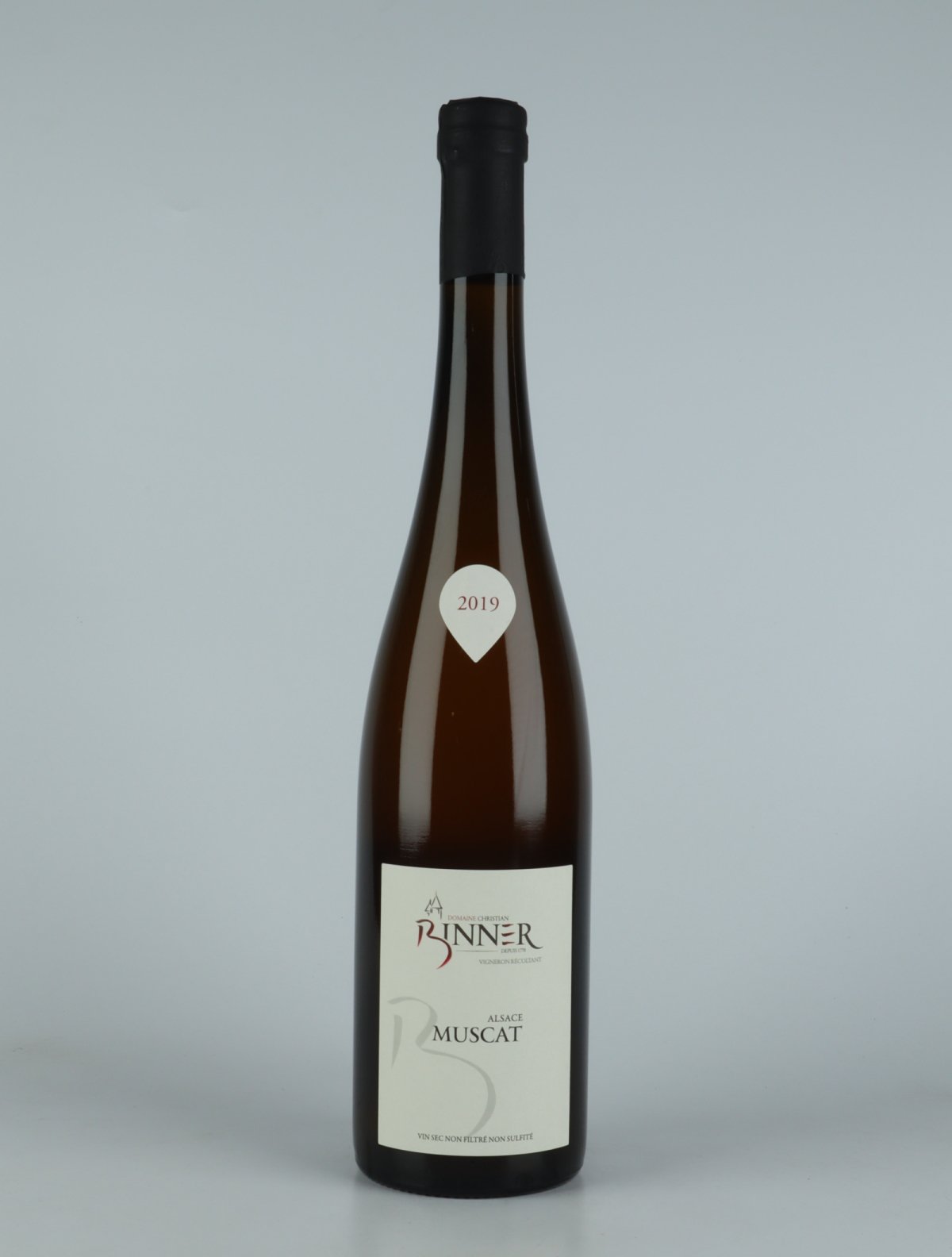 A bottle 2019 Muscat White wine from Domaine Christian Binner, Alsace in France