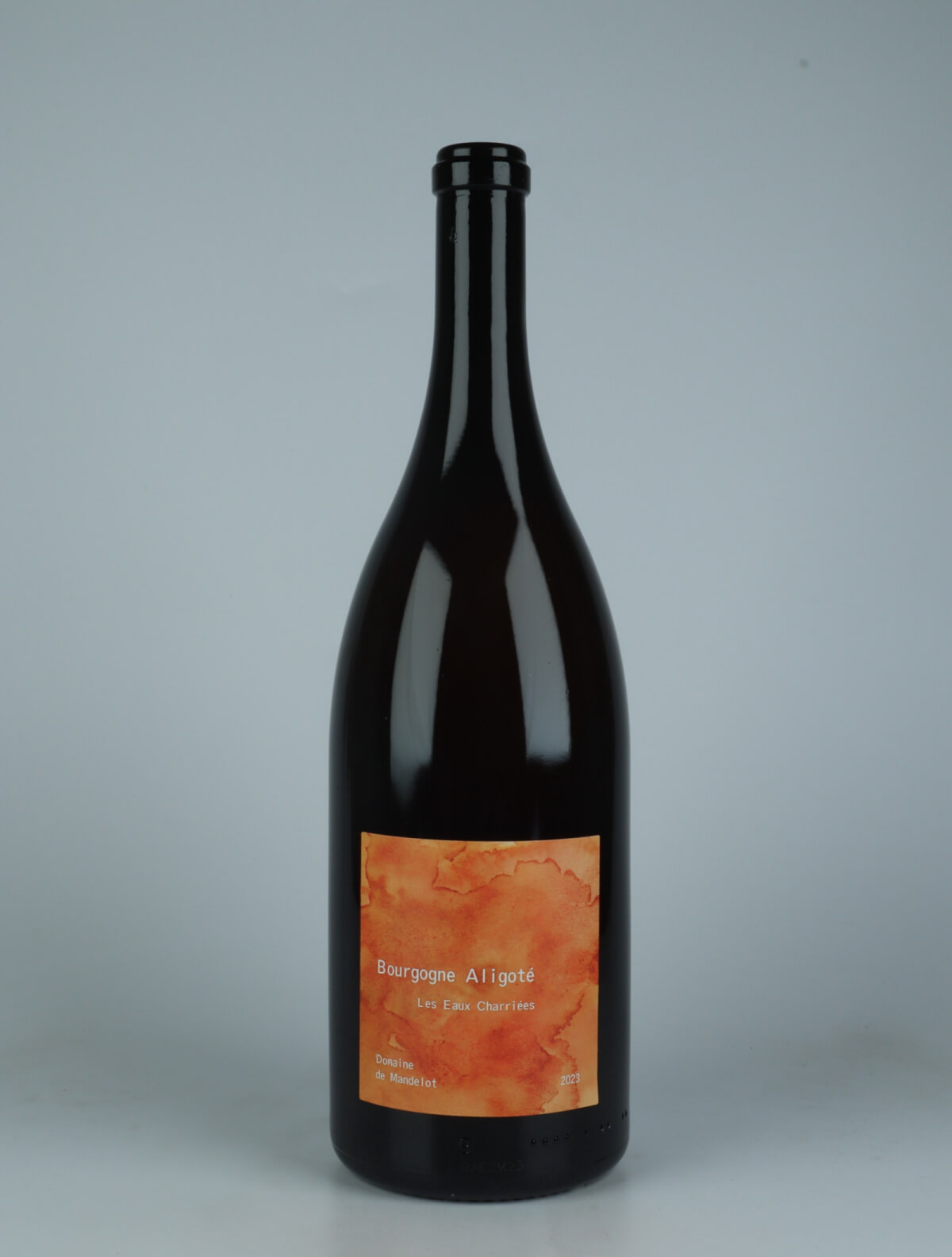 A bottle 2023 Bourgogne Aligoté - Macération - Les Eaux Charriées - Magnum Orange wine from Domaine de Mandelot, Burgundy in France
