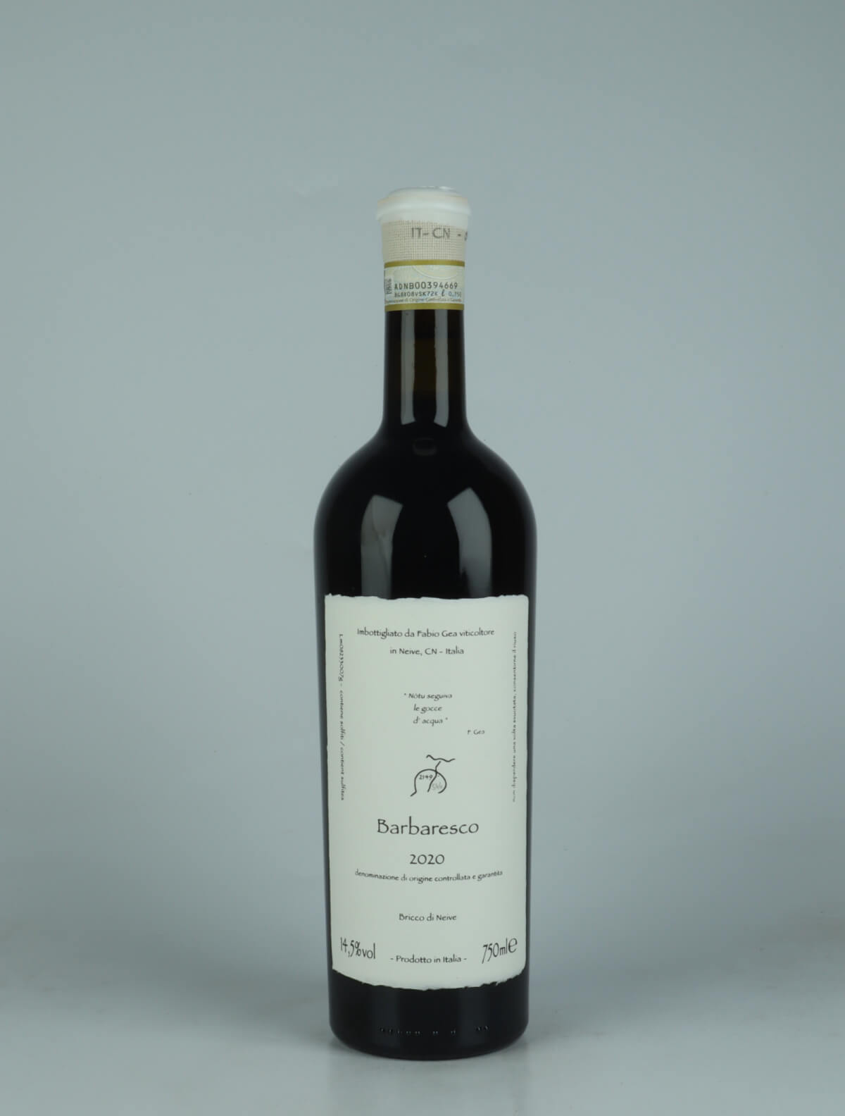 A bottle 2020 Barbaresco (Nòtu seguiva le gocce d'acqua) Red wine from Fabio Gea, Piedmont in Italy