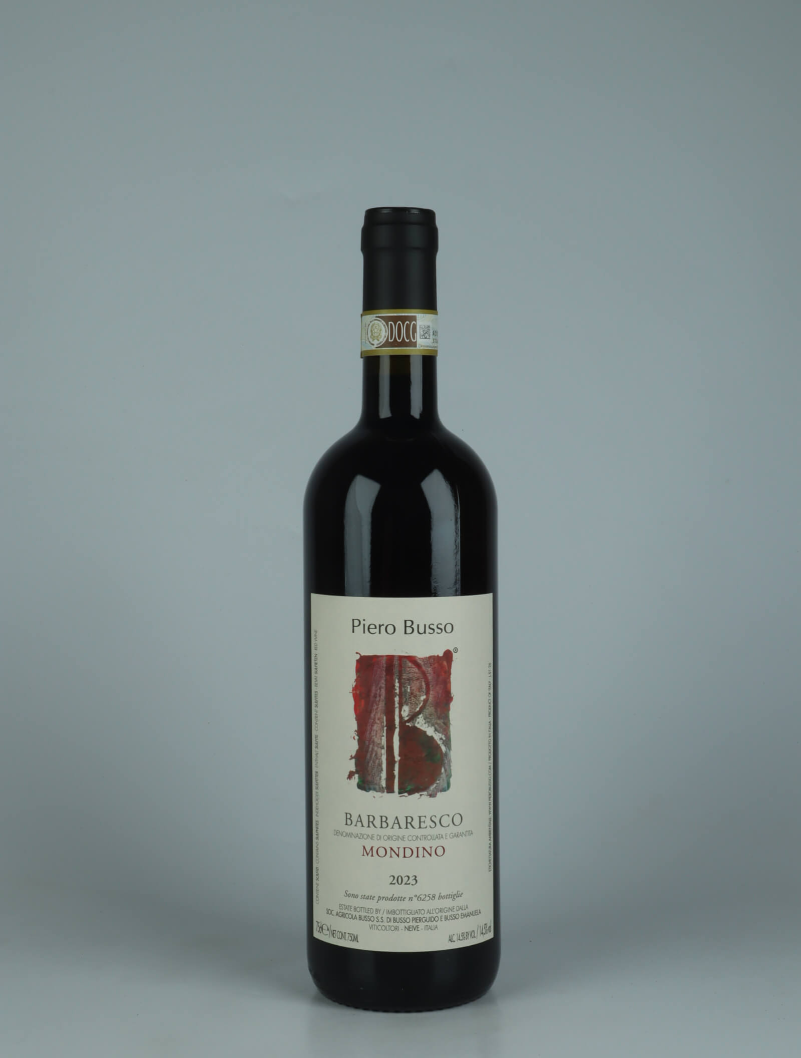 A bottle 2023 Barbaresco Mondino Red wine from Piero Busso, Piedmont in Italy