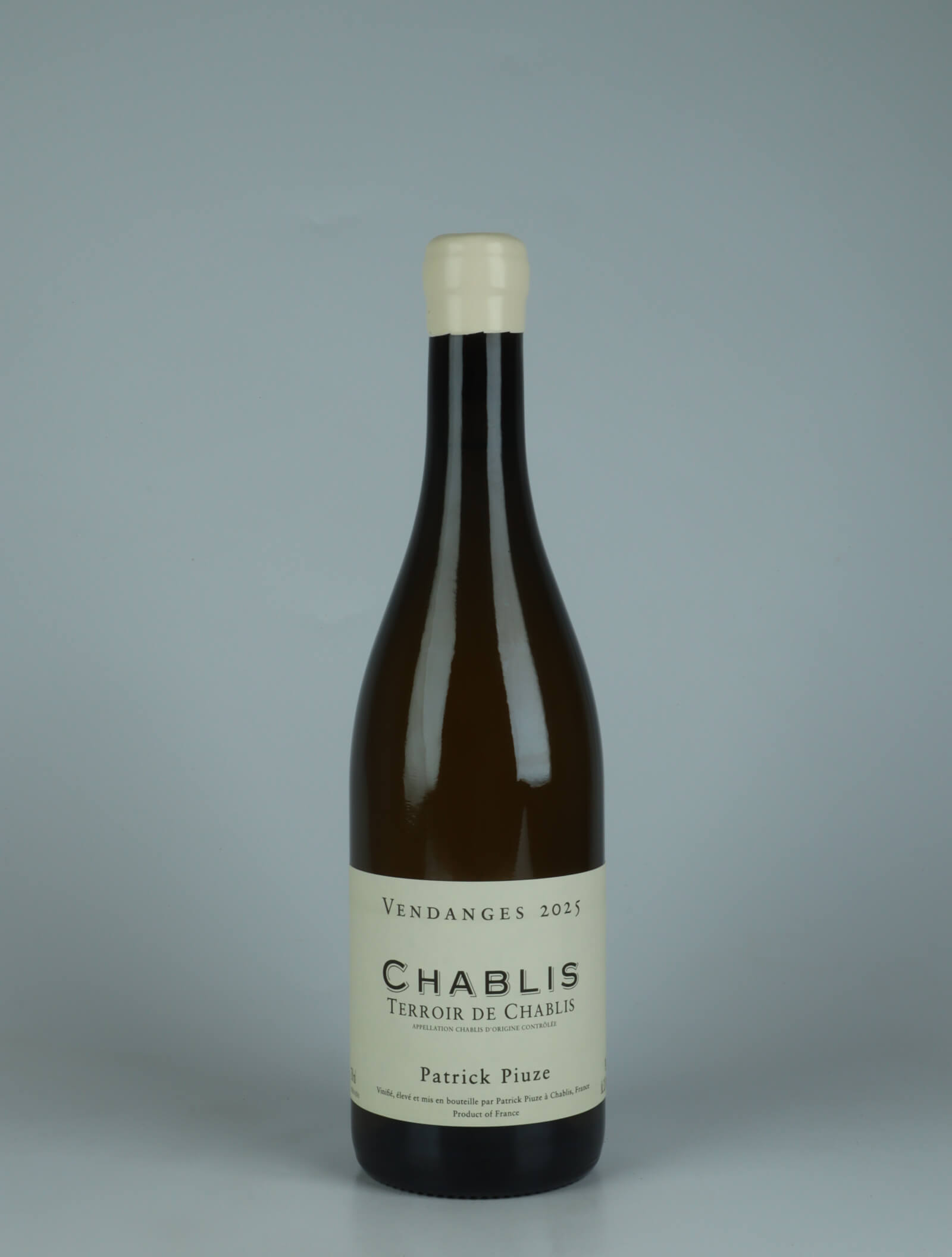 A bottle 2025 Chablis - Terroir de Chablis White wine from Patrick Piuze, Burgundy in France