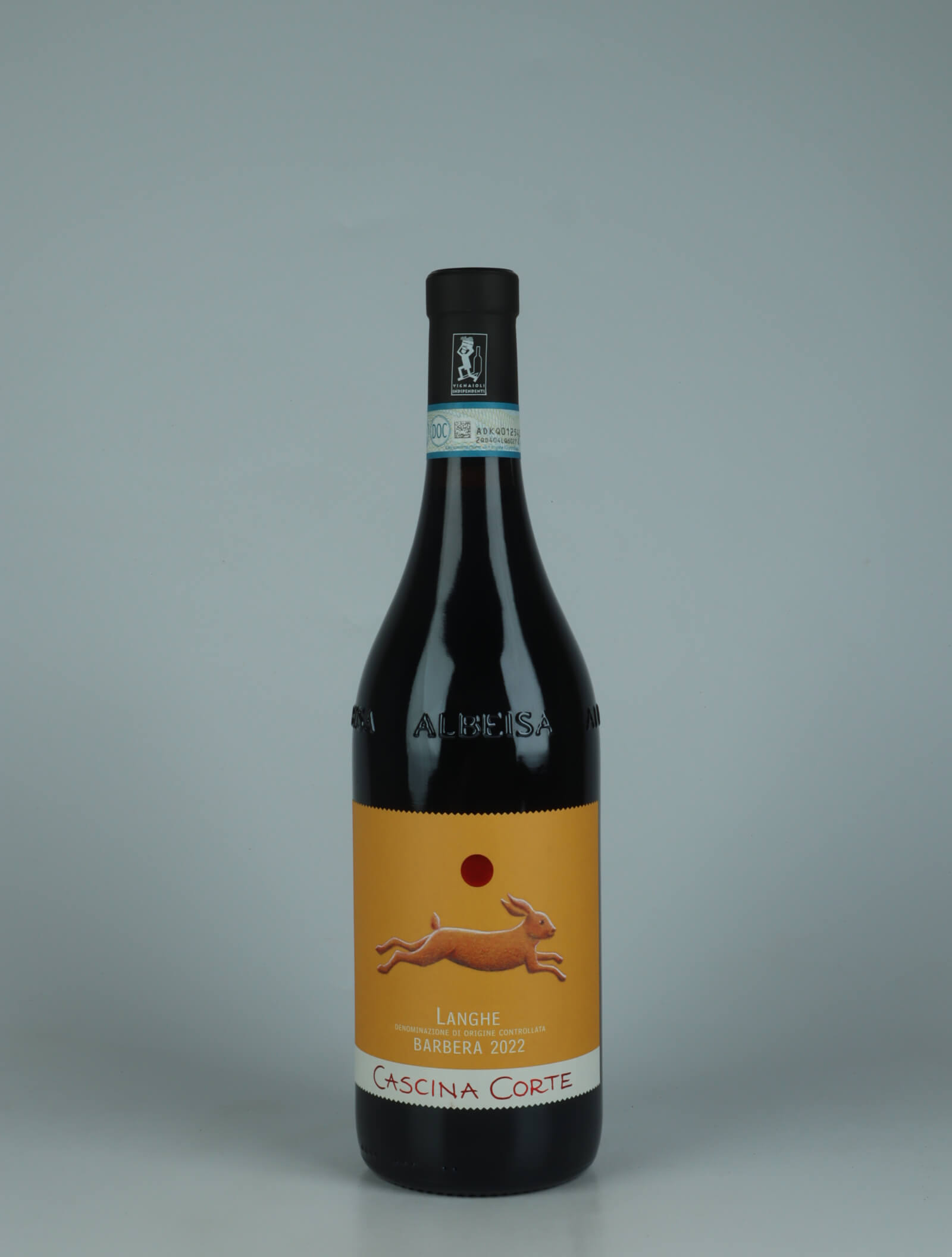 A bottle 2022 Langhe Barbera Red wine from Cascina Corte, Piedmont in Italy
