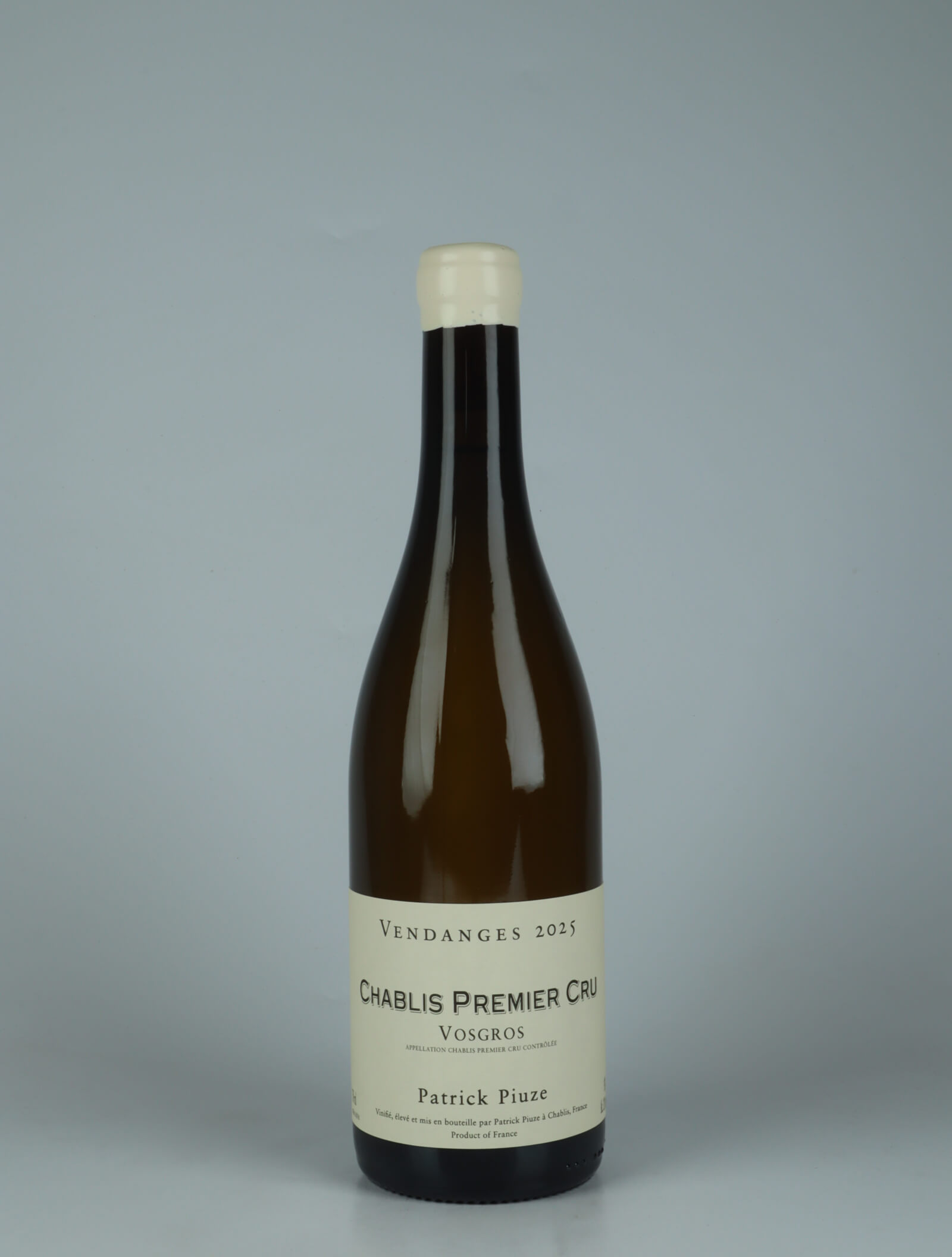 A bottle 2025 Chablis 1. Cru - Vosgros White wine from Patrick Piuze, Burgundy in France