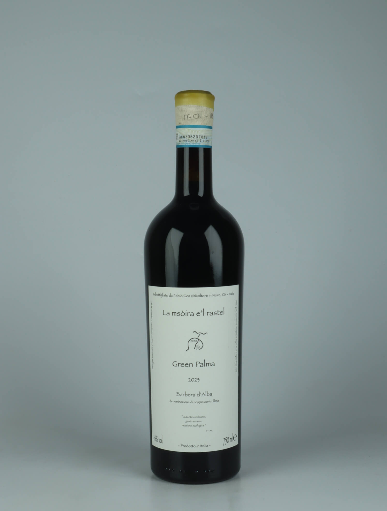 A bottle 2023 Green Palma - Barbera d'Alba Red wine from Fabio Gea, Piedmont in Italy