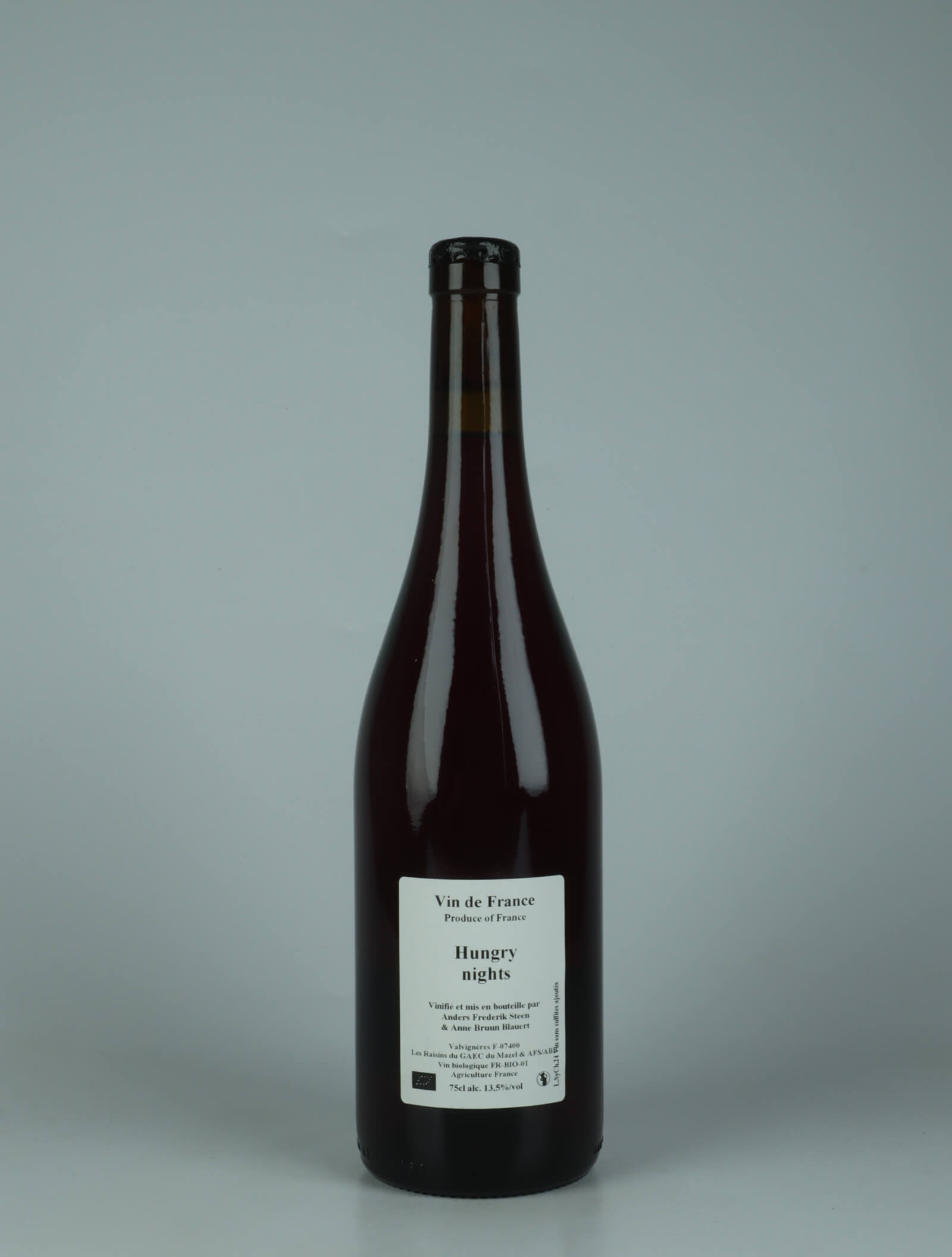 A bottle 2024 Hungry nights Red wine from Anders Frederik Steen & Anne Bruun Blauert, Ardèche in France